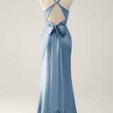 Pink Mermaid V Neck Satin Long Bridesmaid Dress