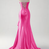 Sparkly Grey Blue Mermaid Strapless Ruffle Corset Satin Long Prom Dress with Slit