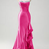 Sparkly Grey Blue Mermaid Strapless Ruffle Corset Satin Long Prom Dress with Slit