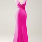 Pink Mermaid V Neck Satin Long Bridesmaid Dress