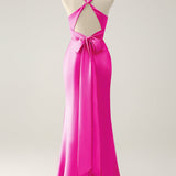 Pink Mermaid V Neck Satin Long Bridesmaid Dress