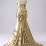 Sparkly Gold Mermaid Sweetheart Corset Long Prom Dress with Slit