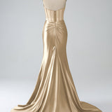 Blush Pink Mermaid Strapless Pleated Corset Long Prom Dress with Slit