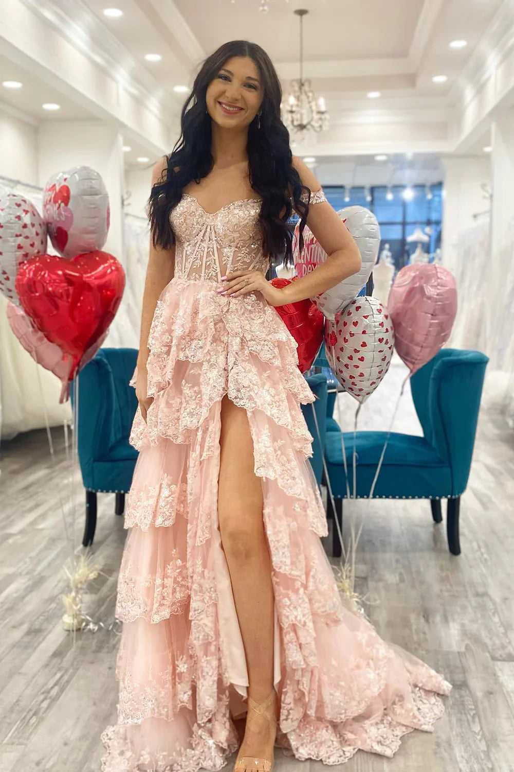 Nola | Glitter Lavender A-Line Lace Off The Shoulder Long Tiered Prom Dress With Split