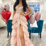 Nola | Glitter Lavender A-Line Lace Off The Shoulder Long Tiered Prom Dress With Split