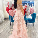 Nola | Glitter Lavender A-Line Lace Off The Shoulder Long Tiered Prom Dress With Split