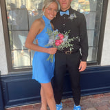 Halter Blue Back Tie A-line Short Dress