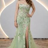 Green Mermaid Halter Corset Appliqued Long Prom Dress With Slit