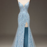 Sparkly Blue Mermaid Spaghetti Straps Tulle Sequin Beaded Long Prom Dress with Slit