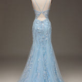 Sparkly Blue Mermaid Spaghetti Straps Tulle Sequin Beaded Long Prom Dress with Slit