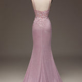 Glitter Blush Mermaid Spaghetti Straps Long Prom Dress with Beading