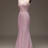 Glitter Blush Mermaid Spaghetti Straps Long Prom Dress with Beading