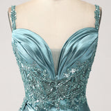 Blue Mermaid V-Neck Satin Long Appliques Sequin Prom Dress With Slit