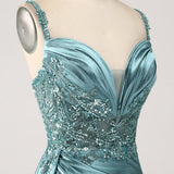 Blue Mermaid V-Neck Satin Long Appliques Sequin Prom Dress With Slit