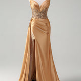 Blue Mermaid V-Neck Satin Long Appliques Sequin Prom Dress With Slit