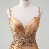 Blue Mermaid V-Neck Satin Long Appliques Sequin Prom Dress With Slit