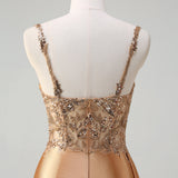 Blue Mermaid V-Neck Satin Long Appliques Sequin Prom Dress With Slit