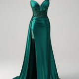 Blue Mermaid V-Neck Satin Long Appliques Sequin Prom Dress With Slit