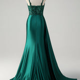 Blue Mermaid V-Neck Satin Long Appliques Sequin Prom Dress With Slit