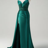 Blue Mermaid V-Neck Satin Long Appliques Sequin Prom Dress With Slit