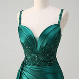 Blue Mermaid V-Neck Satin Long Appliques Sequin Prom Dress With Slit