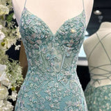 Stunning Spaghetti Straps Lace Appliques Mermaid V-Neck Long Prom Dress