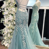 Stunning Spaghetti Straps Lace Appliques Mermaid V-Neck Long Prom Dress