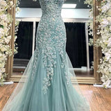 Stunning Spaghetti Straps Lace Appliques Mermaid V-Neck Long Prom Dress