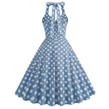 1950S Green Retro Polka Dot Halter Belted Sleeveless Vintage Dress