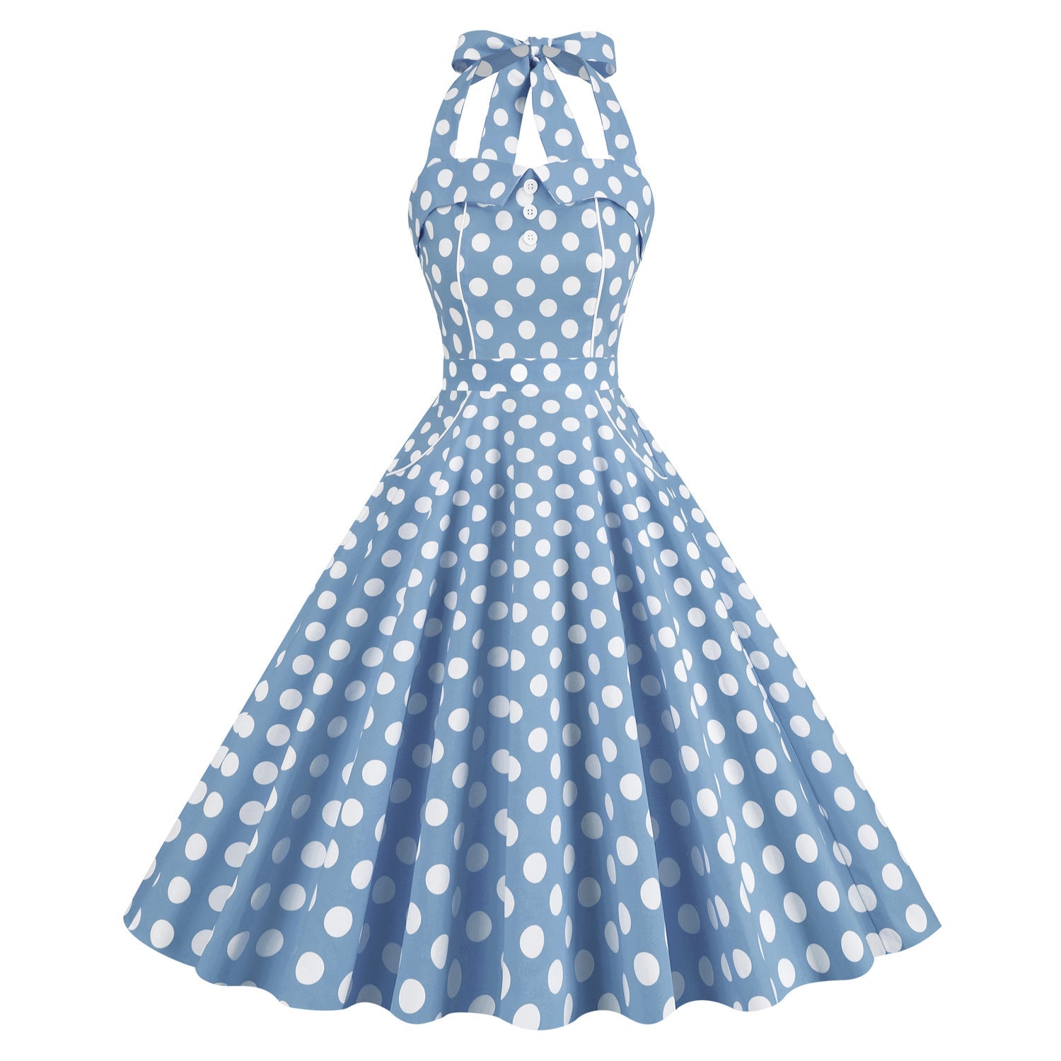 1950S Yellow Retro Polka Dot Halter Neck Vintage Dress
