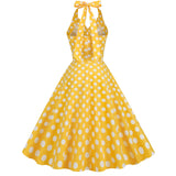 1950S Green Retro Polka Dot Halter Belted Sleeveless Vintage Dress