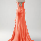 Sparkly Grey Blue Mermaid Strapless Ruffle Corset Satin Long Prom Dress with Slit