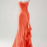 Sparkly Grey Blue Mermaid Strapless Ruffle Corset Satin Long Prom Dress with Slit