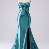 Sparkly Gold Mermaid Sweetheart Corset Long Prom Dress with Slit