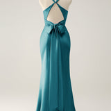 Pink Mermaid V Neck Satin Long Bridesmaid Dress