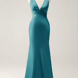 Pink Mermaid V Neck Satin Long Bridesmaid Dress