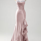 Sparkly Grey Blue Mermaid Strapless Ruffle Corset Satin Long Prom Dress with Slit