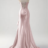 Sparkly Grey Blue Mermaid Strapless Ruffle Corset Satin Long Prom Dress with Slit