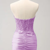 Lilac Strapless Corset Pleated Tight Homecoming Dress with Appliques