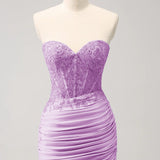 Lilac Strapless Corset Pleated Tight Homecoming Dress with Appliques