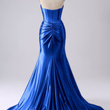 Sparkly Gold Mermaid Sweetheart Corset Long Prom Dress with Slit