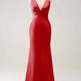 Pink Mermaid V Neck Satin Long Bridesmaid Dress