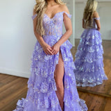 Nola | Glitter Lavender A-Line Lace Off The Shoulder Long Tiered Prom Dress With Split