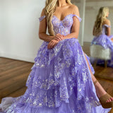 Nola | Glitter Lavender A-Line Lace Off The Shoulder Long Tiered Prom Dress With Split
