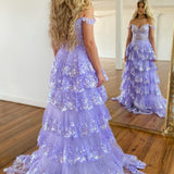 Nola | Glitter Lavender A-Line Lace Off The Shoulder Long Tiered Prom Dress With Split