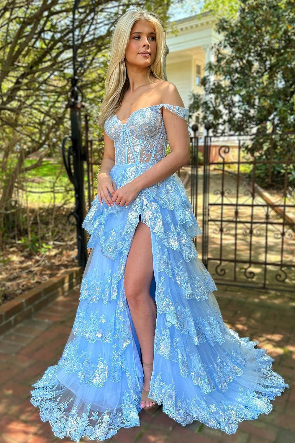 Nola | Glitter Lavender A-Line Lace Off The Shoulder Long Tiered Prom Dress With Split