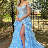 Nola | Glitter Lavender A-Line Lace Off The Shoulder Long Tiered Prom Dress With Split