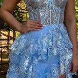Nola | Glitter Lavender A-Line Lace Off The Shoulder Long Tiered Prom Dress With Split