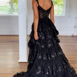 Nola | Glitter Lavender A-Line Lace Off The Shoulder Long Tiered Prom Dress With Split