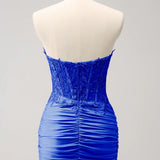 Lilac Strapless Corset Pleated Tight Homecoming Dress with Appliques